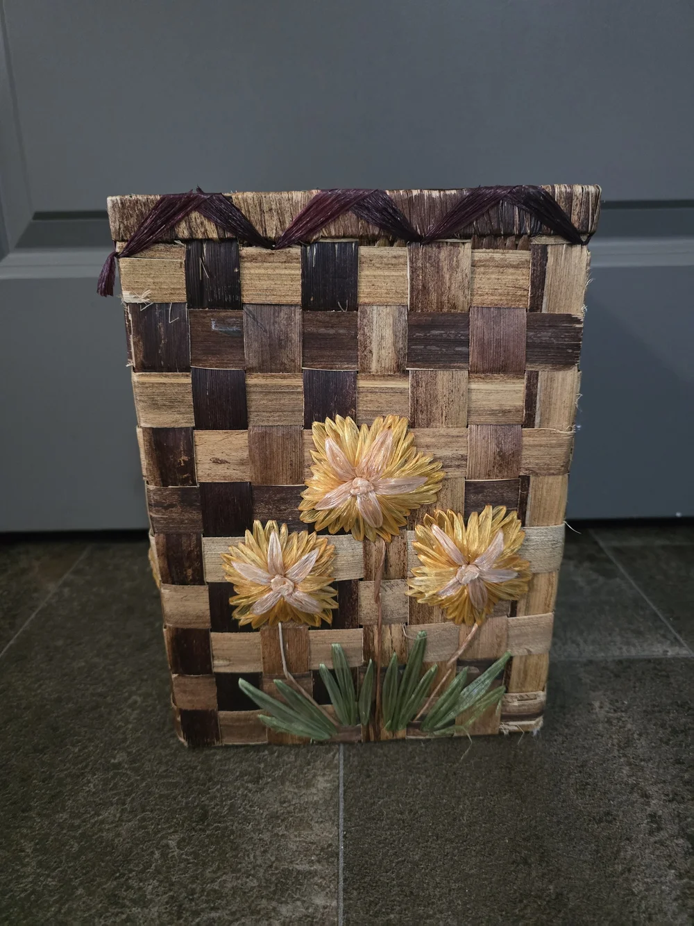 Handwoven Brown Floral Wastebasket with Yellow Flower Embellishments